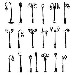 Street light hand drawn vector doodle sketch isolated on white background, Lamp posts silhouettes, ink drawing illustration, decorative vintage set brush template for design printing, element pattern