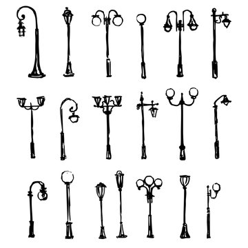 Street light hand drawn vector doodle sketch isolated on white background, Lamp posts silhouettes, ink drawing illustration, decorative vintage set brush template for design printing, element pattern