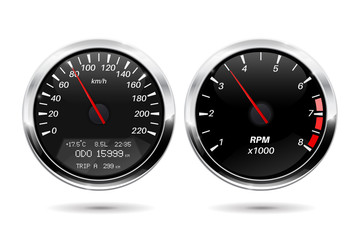 Speedometer, tachometer. Black gauge with chrome frame