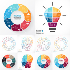 Vector circle infographic set. Business diagrams, arrows graphs, linear presentations, idea cycle charts. Data options, parts, 7 steps. Light bulb, human head, puzzle.