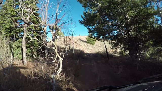 Off road 4x4 recreation ATV top of mountain POV. Beauty of seasonal Autumn exploring high mountain trails. Riding sports utility vehicle UTV side by side 4x4 4 wheel drive ATV. Outdoors and landscape.