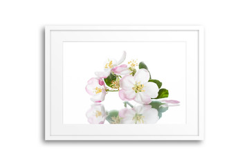 Beautiful white flowers poster in frame, interiors mock up