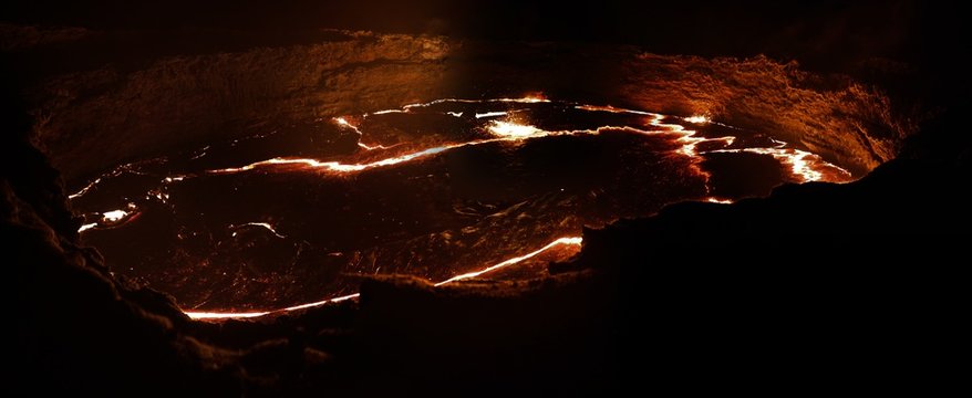 Panorama of Erta Ale volcano crater, melting lava, Danakil depression, Ethiopia