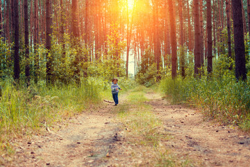 Little girl running on the dirt rural road in the pine forest