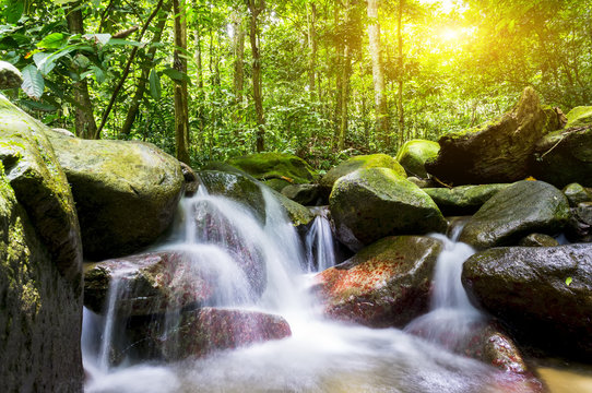 Landscape photo of beautiful waterfall in rainforest during sunrise at Selangor, Malaysia