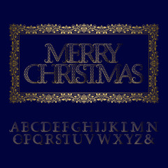 Fototapeta na wymiar Gold snowflake patterned letters with tendrils. Vintage holiday font. Isolated english alphabet with text Merry Christmas in a rectangular vintage frame.