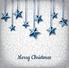 Blue Christmas stars hanging in front of floral pattern background. Vector illustration for Christmas