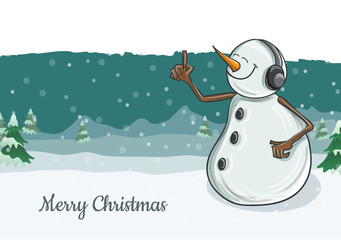 Snowman character illustration listening music on headphones, for Christmas and winter holiday