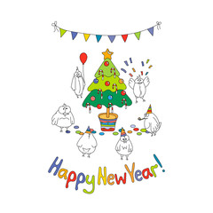 Happy New Year greeting card with cartoon funny birds.