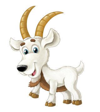 Cartoon happy horned goat is standing and looking down - artistic style - isolated - illustration for children
