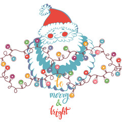 Santa Claus and festive garlands with multicolored lights. Christmas and New Year's vector illustration on a white background.