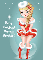 Pin-up Christmas girl, Happy New Year 2017, hand drawn vector