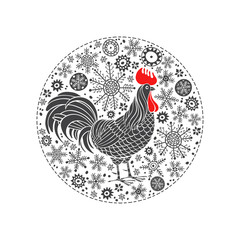 Rooster and snowflakes. Rooster- animal symbol of new year 2017. Vector illustration in the circle,  isolated element for design.
