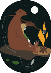 bear and girl with bonfire