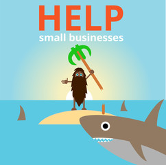 one man on a desert island with a palm tree among the sharks fun business symbol