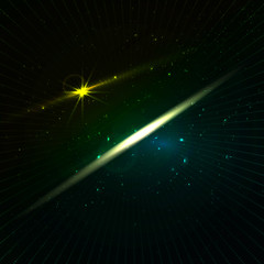 Infinity abstract background with stars and neon light in dark green shadows. 