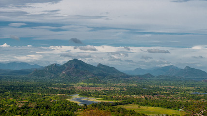 View panorama from the top of Sigiriya Sri-Lanka. It rises 200 meters above the surrounding plains.
