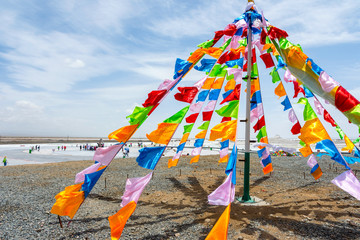 Tibetan praying flags at Chaqia Lake, Qinghai, China