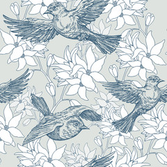 Vintage summer background, birds and flowers, fashion pattern