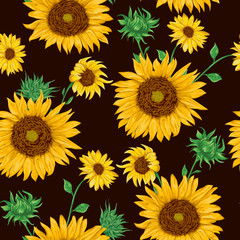 Seamless pattern with sunflowers on black background. Collection decorative floral design elements. Flowers, buds and leaf. Vintage hand drawn vector illustration in watercolor style.