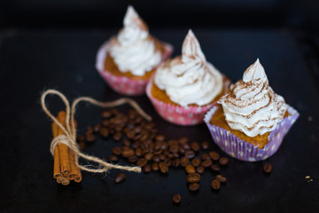 tiramisu cupcakes homemade cakes coffee dessert coffee on a wooden background dark light pink gentle cream