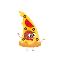 Funny slice of pizza fast food kids menu character, cartoon style vector illustration isolated on white background. Funny pizza character with eyes, legs, and a wide smile