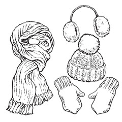 Set of bright knotted scarf, hat, ear muffs and mittens, sketch style vector illustrations isolated on white background. Hand drawn woolen scarf, hat with a pompom, mittens and ear warmers