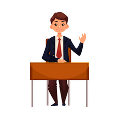 Clever school boy sitting at the desk and raising hand to answer, cartoon vector illustration isolated on white background. Pretty boy in school uniform sitting at the desk and willing to answer
