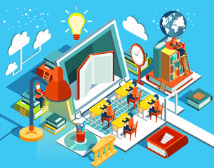 Online education Isometric flat design. The concept of learning and reading books in the library and in the classroom. University studies.  illustration