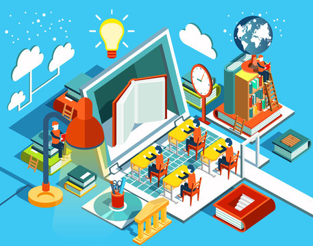 Online education Isometric flat design. The concept of learning and reading books in the library and in the classroom. University studies.  illustration