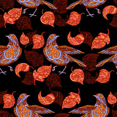 Vintage background, birds and leafs, fashion seamless pattern