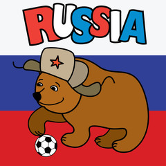 Cartoon Bear with soccer ball wearing a Russian hat earflaps