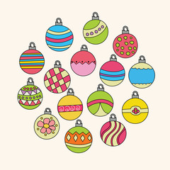 Christmas background design with decoration balls elements. Greeting card doodle vector illustration. Retro colors.