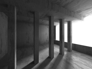 Dark concrete chaotic construction. Empty room interior
