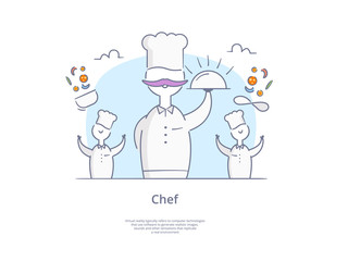 Premium Quality Hand drawn Line Icon And Concept Set: Young professional chefs, Cooking process.