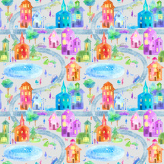 Seamless pattern with city,road,park and lake.Colorful house.Urban life postcard. Watercolor hand drawn illustration.Grey background.