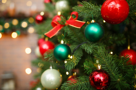 Christmas decorations on pine tree