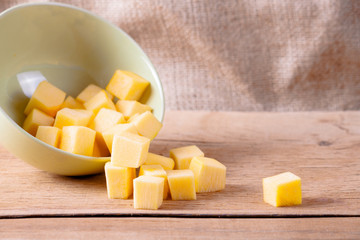 Photo slice ripe cut pumpkin on wood desk. 