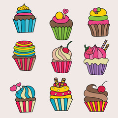 Cupcakes design set. Cartoon free hand draw doodle vector illustration.