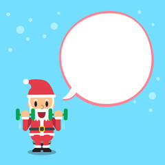 Cartoon santa claus doing dumbbell curl exercise with white speech bubble