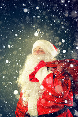 Santa Claus carries gifts.