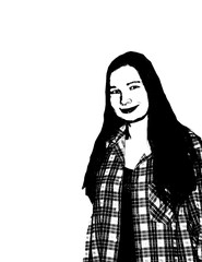 young girl in a plaid shirt over a white background smiling and thinking; Black and white photographs contrast