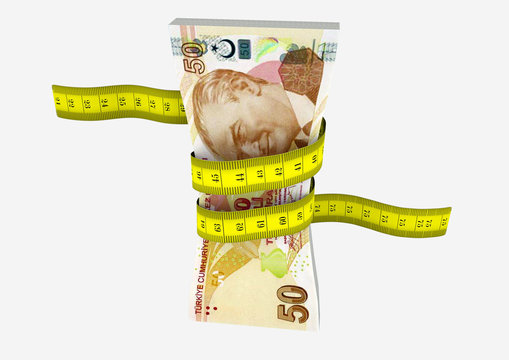 piles of 3D Rendered Turkish money with with yellow measure tape isolated on white background