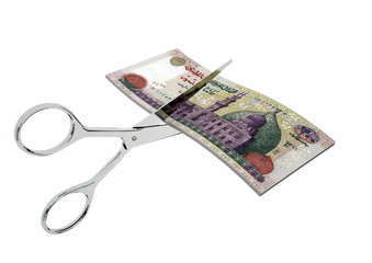 piles of 3D Rendered Egypt money with pair of Scissors isolated on white background