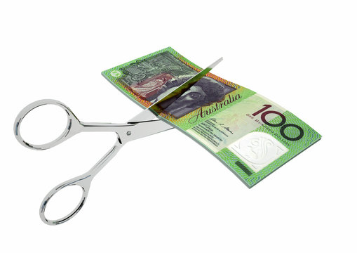 Piles Of 3D Rendered Australia Money With Pair Of Scissors Isolated On White Background