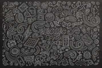 Chalkboard vector doodle cartoon set of Electric cars objects