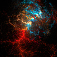 A flash of lightning. Realistic effect of electrical discharge on a black background. Fractal art.