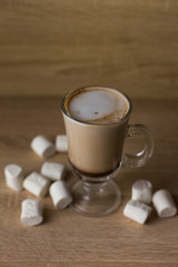 cocoa latte marshmallow Glassware breakfast morning light wooden background