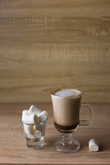 cocoa latte marshmallow Glassware breakfast morning light wooden background