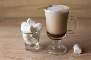 cocoa latte marshmallow Glassware breakfast morning light wooden background